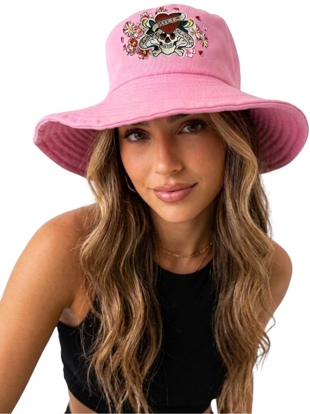 Ed Hardy Pink Skull Rose Patch Bucket Hat beach sun protection NWT